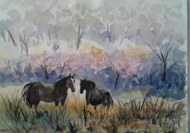 Chevaux dans le marais au Lilan
aquarelle
